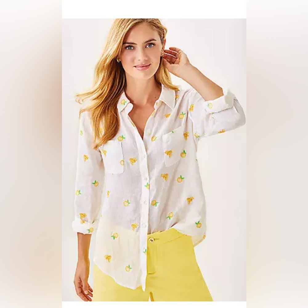 Lilly Pulitzer Sea View
White Button Down Shirt with Yellow and Green Embroidery